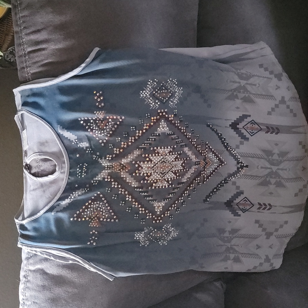 Tank top, beaded Aztec design, back is shear with one button closure